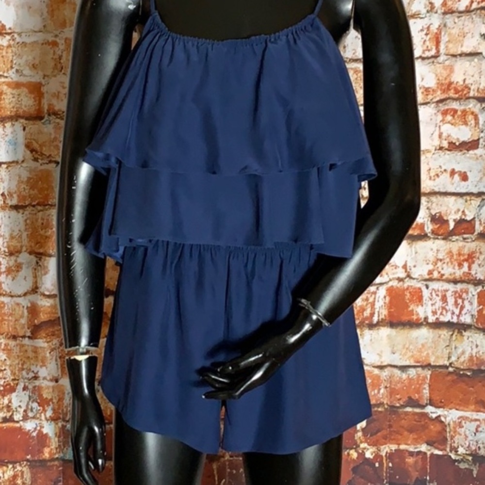 Navy silk romper with rouched waist